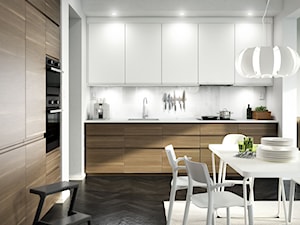 Kuchnia na wymiar - Średnia otwarta z kamiennym blatem biała z zabudowaną lodówką z lodówką wolnostojącą z nablatowym zlewozmywakiem kuchnia w kształcie litery l, styl nowoczesny - zdjęcie od IKEA