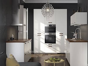 Kuchnia na wymiar - Duża otwarta z salonem czarna z zabudowaną lodówką z podblatowym zlewozmywakiem kuchnia w kształcie litery u z oknem, styl tradycyjny - zdjęcie od IKEA