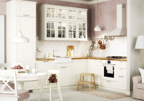 Kuchnia na wymiar - Średnia otwarta z salonem biała różowa z zabudowaną lodówką z nablatowym zlewozmywakiem kuchnia w kształcie litery l, styl skandynawski - zdjęcie od IKEA