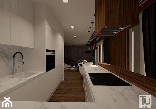 Projekt wnętrza mieszkalnego _ 65 m 2. - Średnia otwarta z salonem z zabudowaną lodówką z podblatowym zlewozmywakiem kuchnia w kształcie litery u z oknem z kompozytem na ścianie nad blatem kuchennym, styl nowoczesny - zdjęcie od TU Design