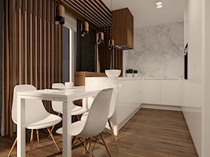 Projekt wnętrza mieszkalnego _ 65 m 2. - Średnia otwarta z kamiennym blatem biała z zabudowaną lodówką kuchnia w kształcie litery u z oknem z marmurem nad blatem kuchennym, styl nowoczesny - zdjęcie od TU Design