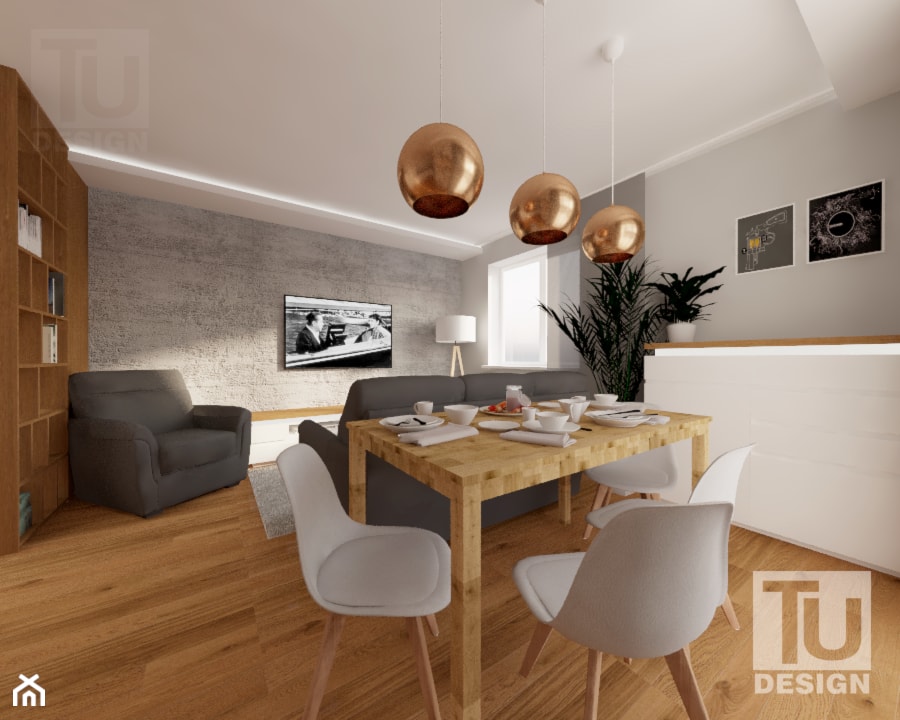Projekt _ męskie wnętrze. - Średnia biała szara jadalnia w salonie, styl nowoczesny - zdjęcie od TU Design