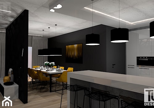 Projekt wnętrza domu_Fort Wola Warszawa - Średnia biała czarna jadalnia w salonie w kuchni, styl nowoczesny - zdjęcie od TU Design