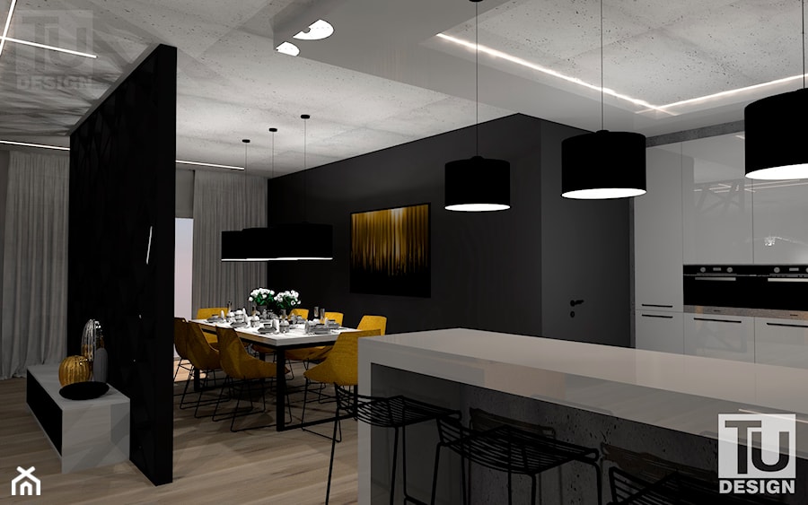 Projekt wnętrza domu_Fort Wola Warszawa - Średnia biała czarna jadalnia w salonie w kuchni, styl nowoczesny - zdjęcie od TU Design