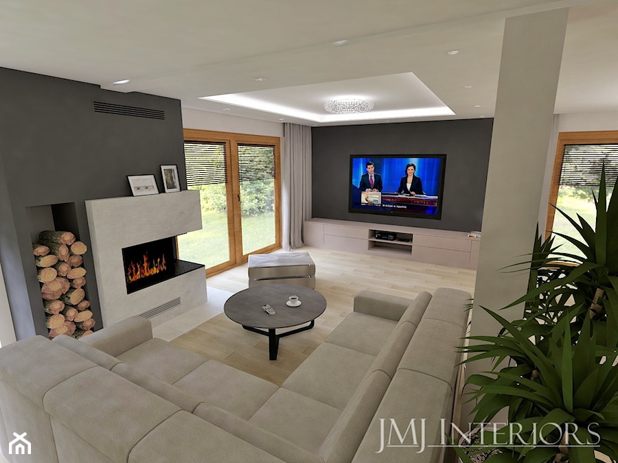 Dom w Skowarczu - Duży biały czarny salon, styl nowoczesny - zdjęcie od JMJ Interiors