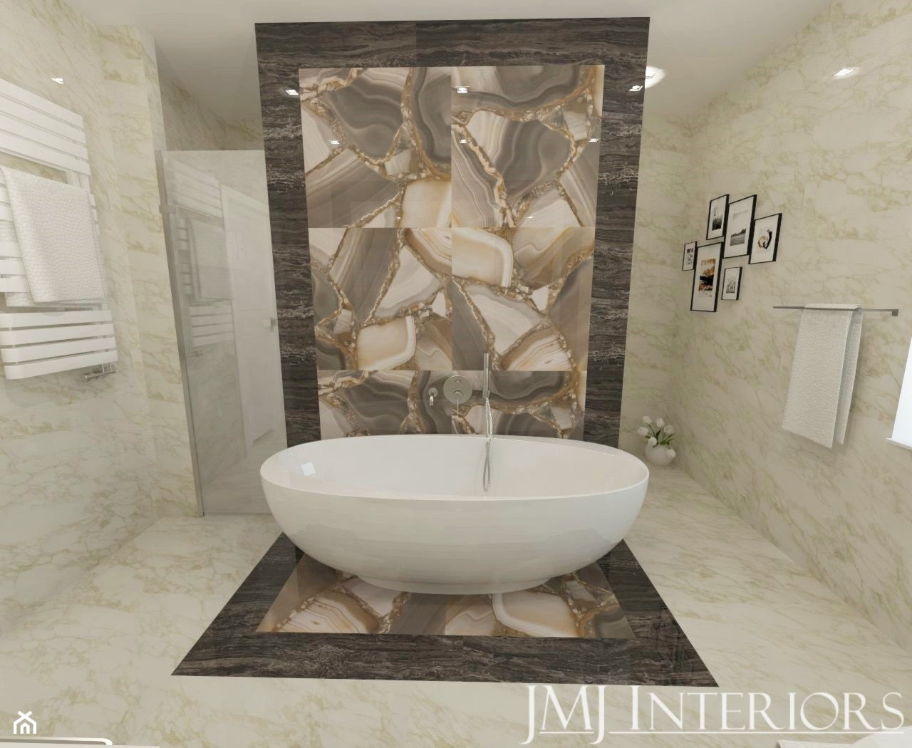 Marmur w łazience - Szwecja - Średnia bez okna z marmurową podłogą z punktowym oświetleniem łazienka - zdjęcie od JMJ Interiors - Homebook