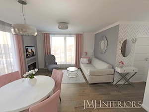 Subtelne kobiece wnętrze na Łostowickim osiedlu w Gdańsku - Średni biały szary salon z jadalnią, styl glamour - zdjęcie od JMJ Interiors