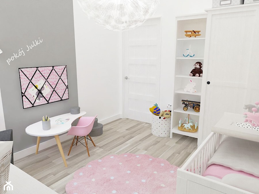 Pokój Julki - Średni biały szary pokój dziecka dla dziecka dla dziewczynki, styl skandynawski - zdjęcie od JMJ Interiors