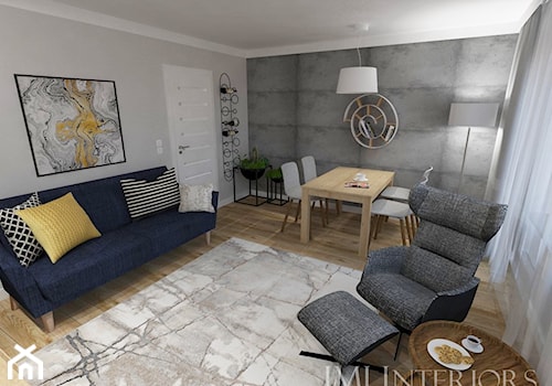 mieszkanie w bloku z wielkiej płyty - Mały szary salon z jadalnią, styl skandynawski - zdjęcie od JMJ Interiors