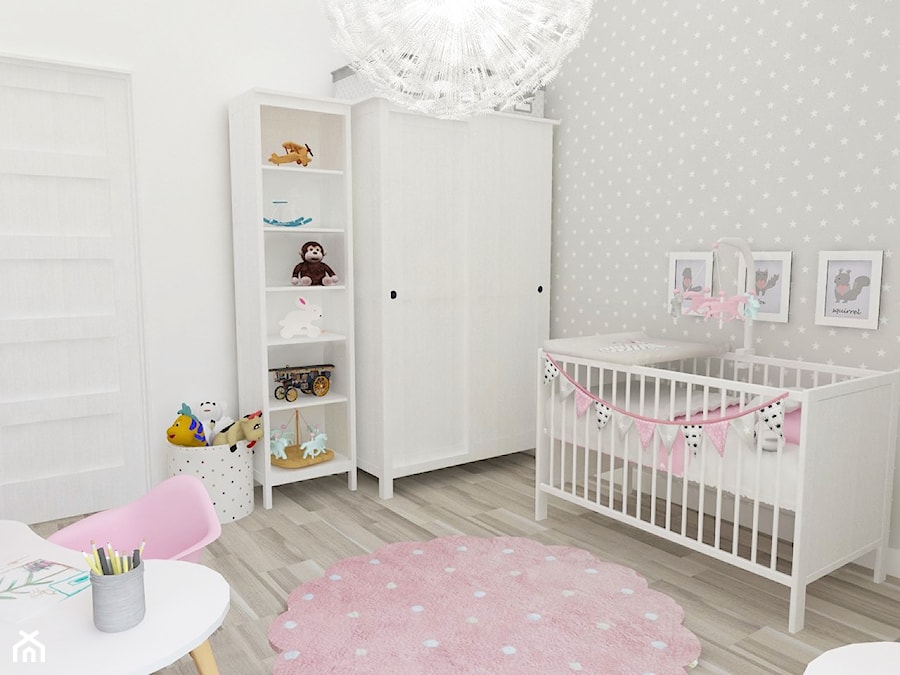 Pokój Julki - Średni biały szary pokój dziecka dla niemowlaka dla dziecka dla chłopca dla dziewczynki, styl skandynawski - zdjęcie od JMJ Interiors
