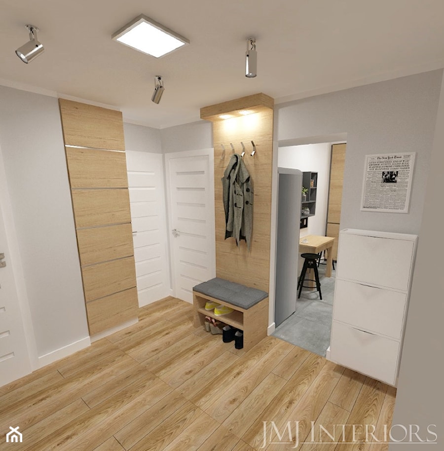 mieszkanie w bloku z wielkiej płyty - Średni z wieszakiem szary hol / przedpokój, styl nowoczesny - zdjęcie od JMJ Interiors