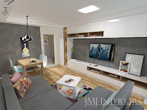 mieszkanie w Łodzi - Mały biały szary salon z jadalnią, styl nowoczesny - zdjęcie od JMJ Interiors