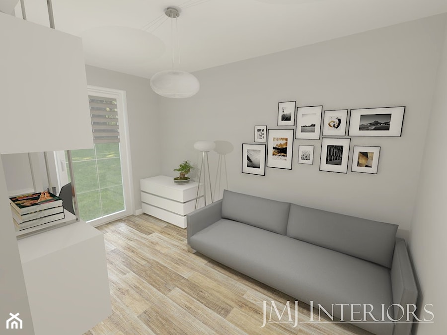 Apartament na Pogórzu - Średnie w osobnym pomieszczeniu z sofą z zabudowanym biurkiem szare biuro, styl nowoczesny - zdjęcie od JMJ Interiors
