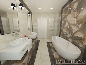 Marmur w łazience - Szwecja - Średnia bez okna z lustrem z dwoma umywalkami z marmurową podłogą z pu ... - zdjęcie od JMJ Interiors