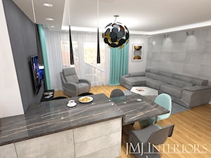 MIeszkanie w Gdańskim Alfa Parku - Duży biały szary salon z kuchnią z jadalnią, styl nowoczesny - zdjęcie od JMJ Interiors