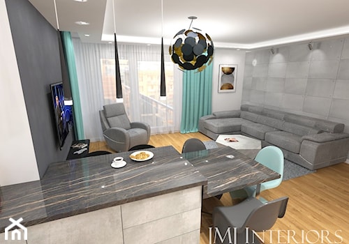 MIeszkanie w Gdańskim Alfa Parku - Duży biały szary salon z kuchnią z jadalnią, styl nowoczesny - zdjęcie od JMJ Interiors