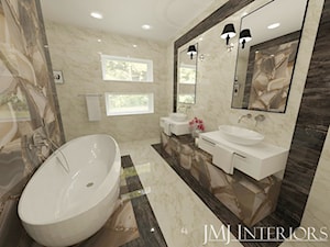 Marmur w łazience - Szwecja - Średnia z dwoma umywalkami z marmurową podłogą z punktowym oświetleniem łazienka z oknem, styl nowoczesny - zdjęcie od JMJ Interiors