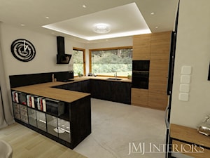 Dom w Skowarczu - Średnia otwarta biała czarna z zabudowaną lodówką z nablatowym zlewozmywakiem kuchnia w kształcie litery g z oknem, styl nowoczesny - zdjęcie od JMJ Interiors