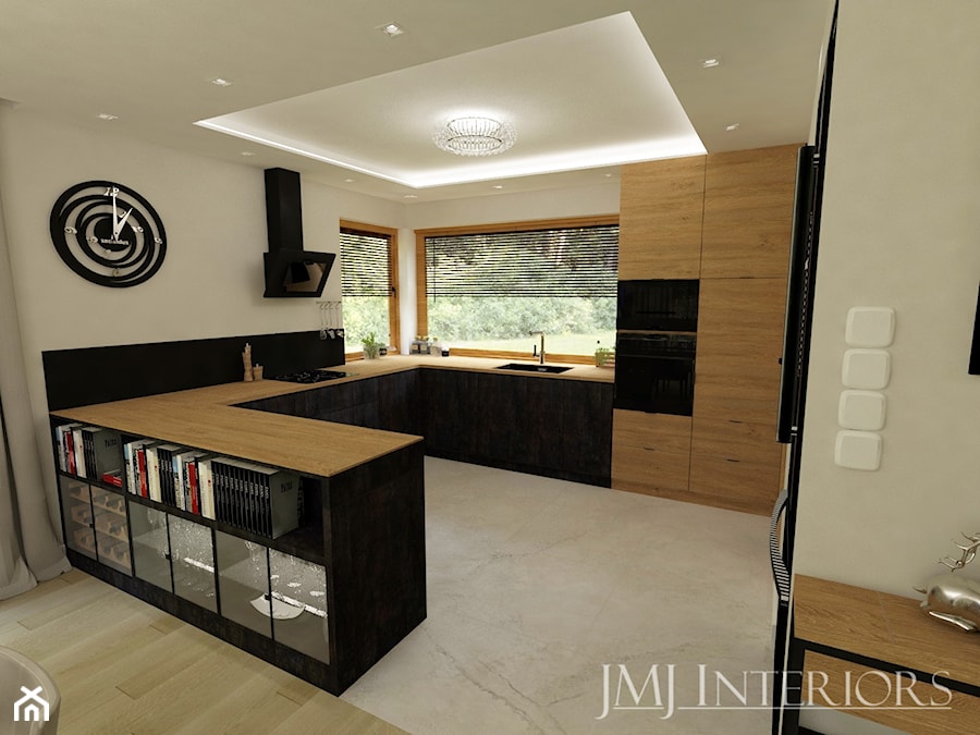 Dom w Skowarczu - Średnia otwarta biała czarna z zabudowaną lodówką z nablatowym zlewozmywakiem kuchnia w kształcie litery g z oknem, styl nowoczesny - zdjęcie od JMJ Interiors