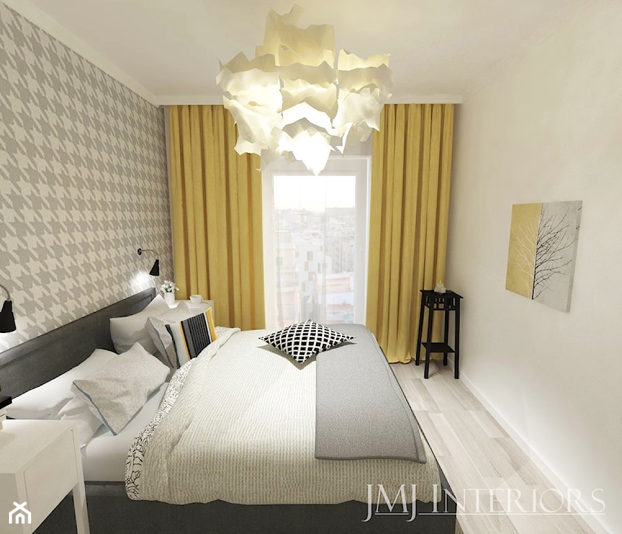Mieszkanie w Poznaniu - Średnia biała sypialnia z balkonem / tarasem, styl skandynawski - zdjęcie od JMJ Interiors