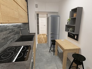 mieszkanie w bloku z wielkiej płyty - Mała otwarta zamknięta szara z zabudowaną lodówką z lodówką wolnostojącą z nablatowym zlewozmywakiem kuchnia w kształcie litery l z marmurem nad blatem kuchennym, styl skandynawski - zdjęcie od JMJ Interiors