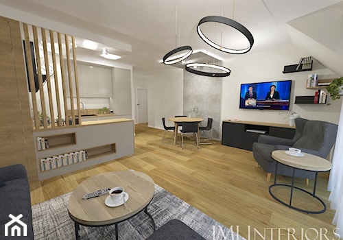 Minimalistyczne mieszkanie na Oruni Górnej Gdańsk - Duży biały szary salon z kuchnią z jadalnią, styl minimalistyczny - zdjęcie od JMJ Interiors