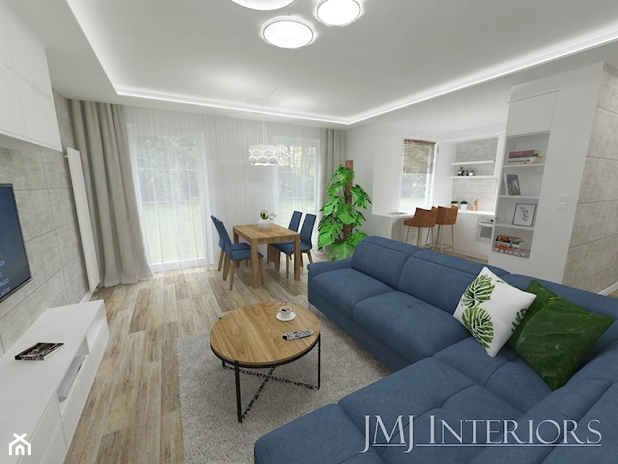 Apartament na Pogórzu - Mały biały salon z kuchnią z jadalnią z tarasem / balkonem, styl nowoczesny - zdjęcie od JMJ Interiors