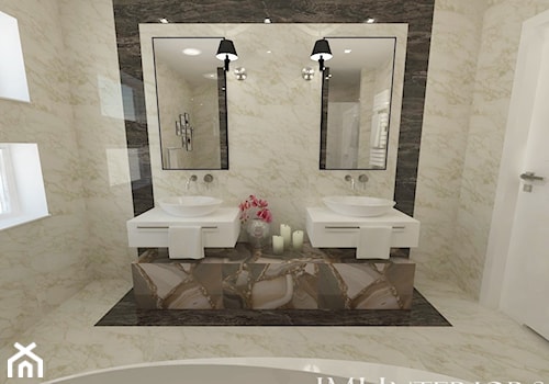 Marmur w łazience - Szwecja - Średnia z lustrem z dwoma umywalkami z marmurową podłogą z punktowym oświetleniem łazienka z oknem, styl nowoczesny - zdjęcie od JMJ Interiors