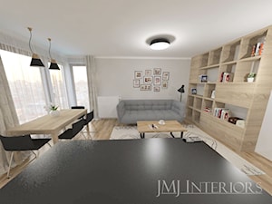 Czysta skandynawska forma - Średni szary salon z jadalnią z tarasem / balkonem z bibiloteczką - zdjęcie od JMJ Interiors