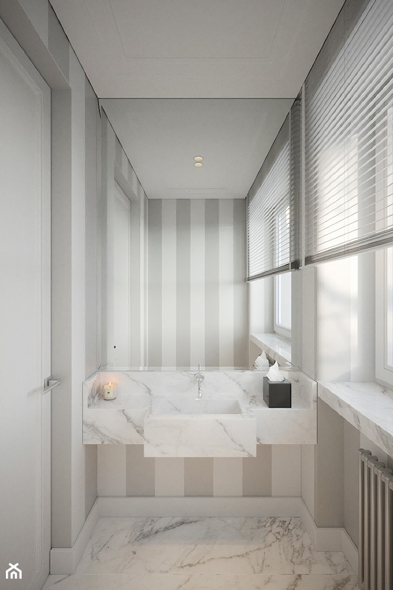 Modernistyczna Willa - Mała na poddaszu z lustrem z marmurową podłogą łazienka z oknem, styl tradycyjny - zdjęcie od Katarzyna Kraszewska Architektura Wnętrz