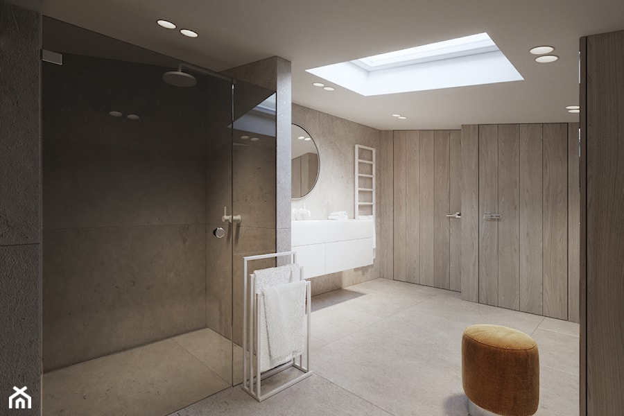 Modernistyczna Willa - Duża na poddaszu z punktowym oświetleniem łazienka z oknem, styl nowoczesny - zdjęcie od Katarzyna Kraszewska Architektura Wnętrz