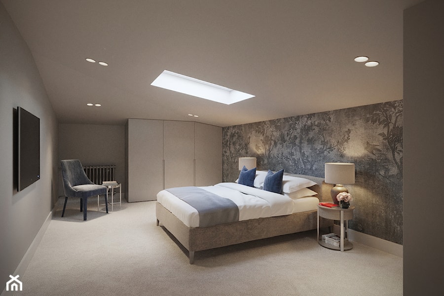 Modernistyczna Willa - Duża szara sypialnia na poddaszu, styl nowoczesny - zdjęcie od Katarzyna Kraszewska Architektura Wnętrz