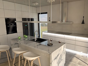 Salon i kuchnia w domu jednorodzinnym - Duża otwarta z kamiennym blatem z zabudowaną lodówką z nablatowym zlewozmywakiem kuchnia w kształcie litery l z wyspą lub półwyspem z oknem, styl nowoczesny - zdjęcie od Michał Dudziński