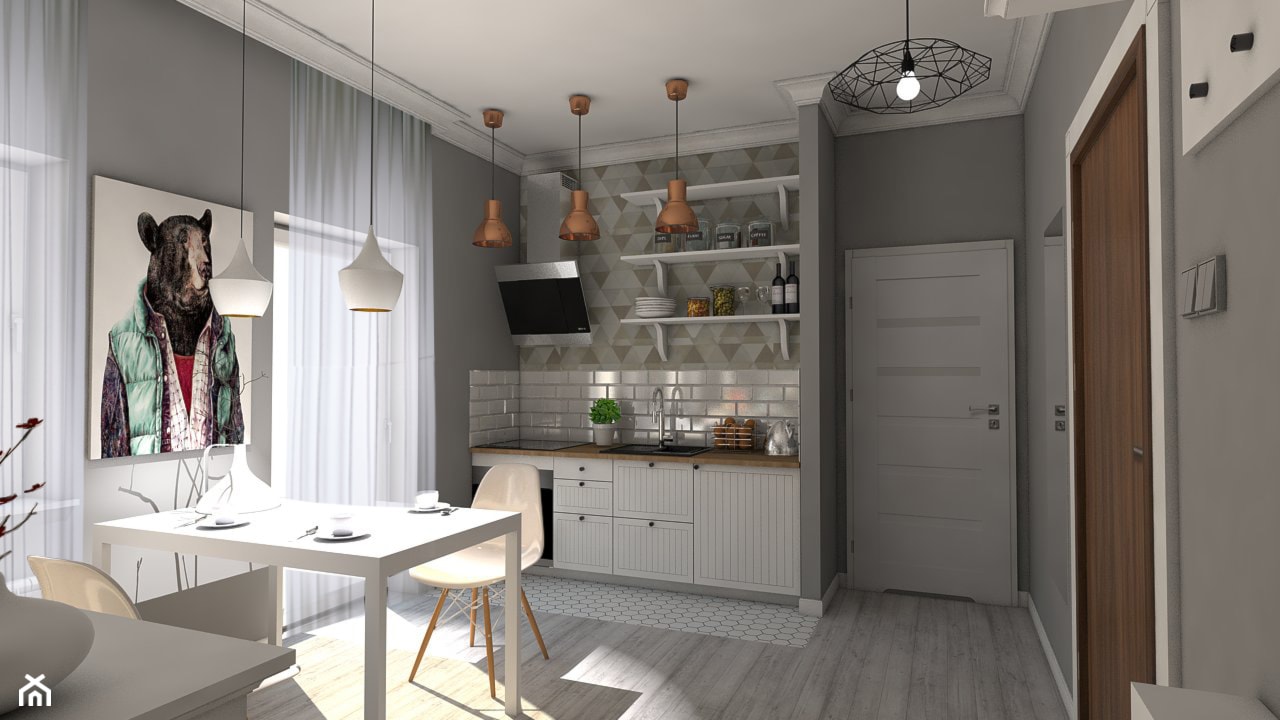 Mieszkanie 28m2 w Krakowie - Mała otwarta z salonem szara z zabudowaną lodówką kuchnia jednorzędowa - zdjęcie od Michał Dudziński - Homebook