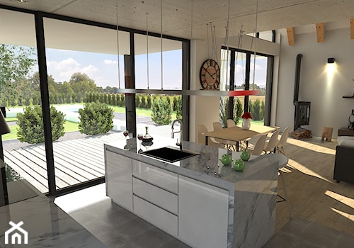 Salon i kuchnia w domu jednorodzinnym - Otwarta kuchnia z wyspą lub półwyspem z oknem, styl nowoczesny - zdjęcie od Michał Dudziński