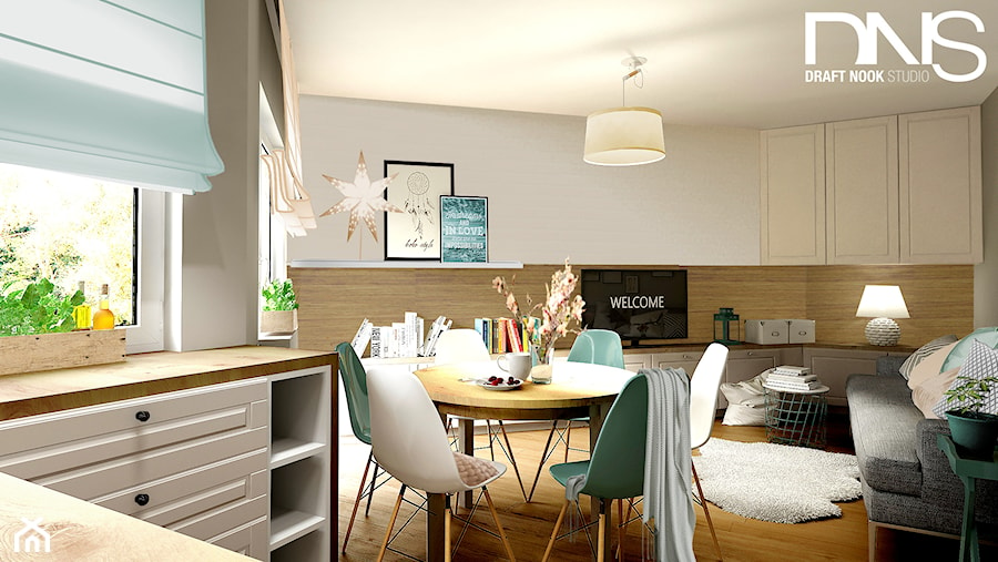 Salon z kuchnią - Średni biały salon z jadalnią, styl nowoczesny - zdjęcie od Draft Nook Studio Daria Gołębiowska