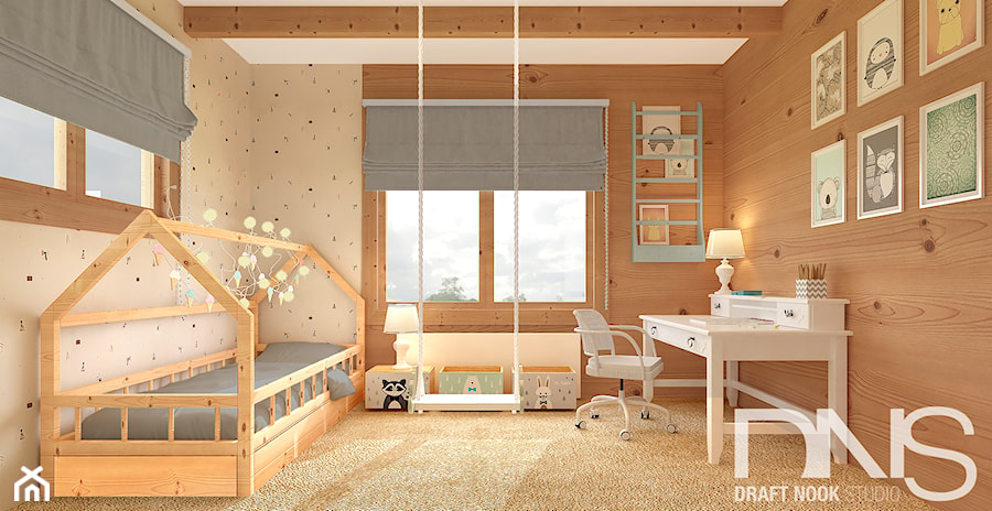 Pokój dziecka w domu z bali - Średni szary pokój dziecka dla dziecka dla nastolatka dla chłopca dla dziewczynki, styl rustykalny - zdjęcie od Draft Nook Studio Daria Gołębiowska