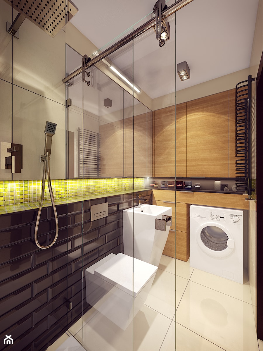 Mieszkanie - Łomianki - Mała bez okna z pralką / suszarką z punktowym oświetleniem łazienka, styl nowoczesny - zdjęcie od Draft Nook Studio Daria Gołębiowska