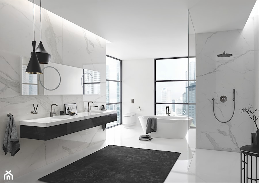 Czysta łazienka - Duża z lustrem z dwoma umywalkami łazienka z oknem, styl nowoczesny - zdjęcie od GROHE