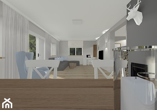 Dom na Mazurach - Duży biały szary salon z jadalnią, styl skandynawski - zdjęcie od Monika Deptuła Projektant Wnętrz