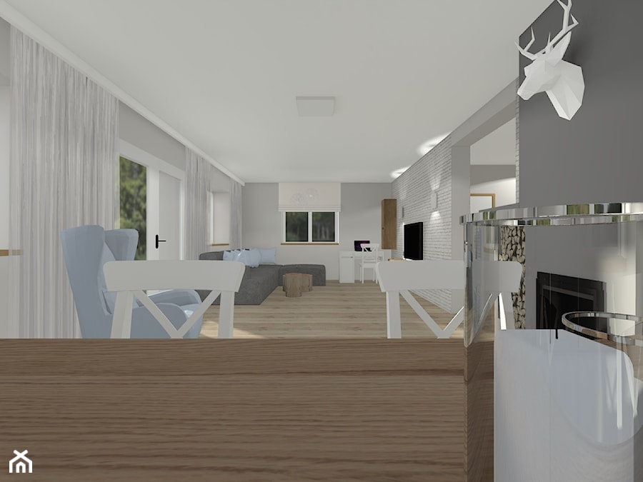 Dom na Mazurach - Duży biały szary salon z jadalnią, styl skandynawski - zdjęcie od Monika Deptuła Projektant Wnętrz