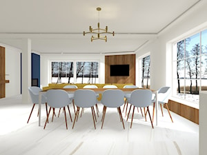 Dom nad jeziorem - Duży biały salon z jadalnią, styl nowoczesny - zdjęcie od Monika Deptuła Projektant Wnętrz