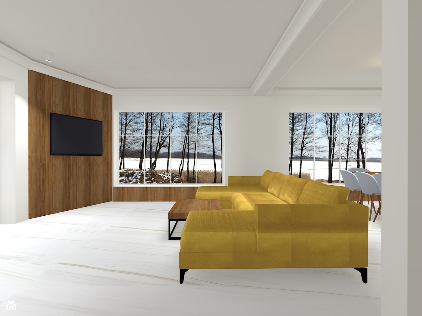 Dom nad jeziorem - Duży szary salon z jadalnią, styl nowoczesny - zdjęcie od Monika Deptuła Projektant Wnętrz - Homebook