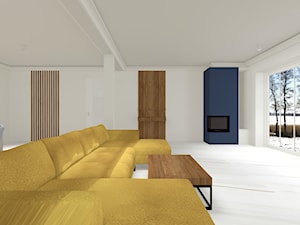 Dom nad jeziorem - Duży biały niebieski salon, styl nowoczesny - zdjęcie od Monika Deptuła Projektant Wnętrz