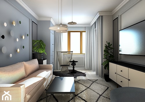 Mieszkanie w stylu Mid-century modern - Mały szary salon, styl glamour - zdjęcie od Base Architekci