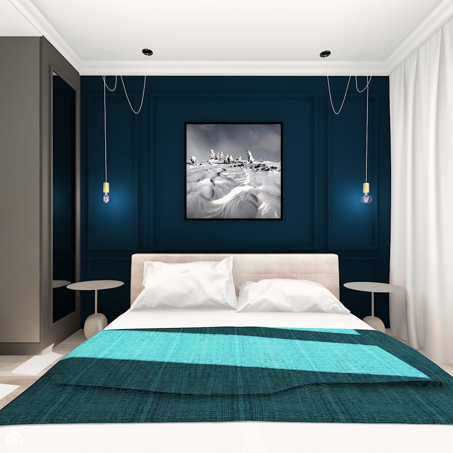 Mieszkanie w stylu Mid-century modern - Mała niebieska szara sypialnia, styl glamour - zdjęcie od Base Architekci