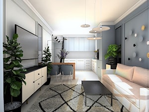 Mieszkanie w stylu Mid-century modern - Mały biały niebieski salon z kuchnią z jadalnią, styl skandynawski - zdjęcie od Base Architekci