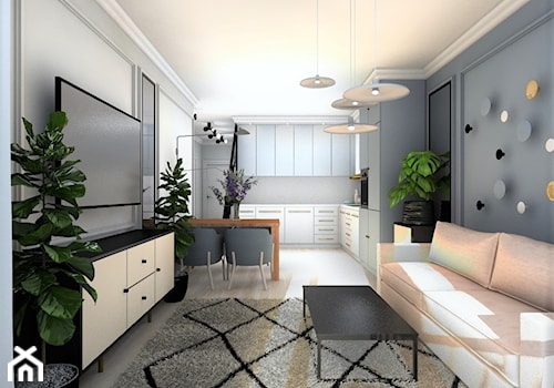 Mieszkanie w stylu Mid-century modern - Mały biały niebieski salon z kuchnią z jadalnią, styl skandynawski - zdjęcie od Base Architekci