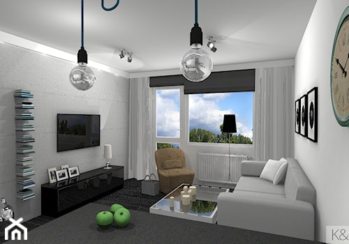 Projekt mieszkania w Zielonej Górze - Mały biały szary salon z bibiloteczką, styl nowoczesny - zdjęcie od K&K Pracownia Projektowania Wnętrz