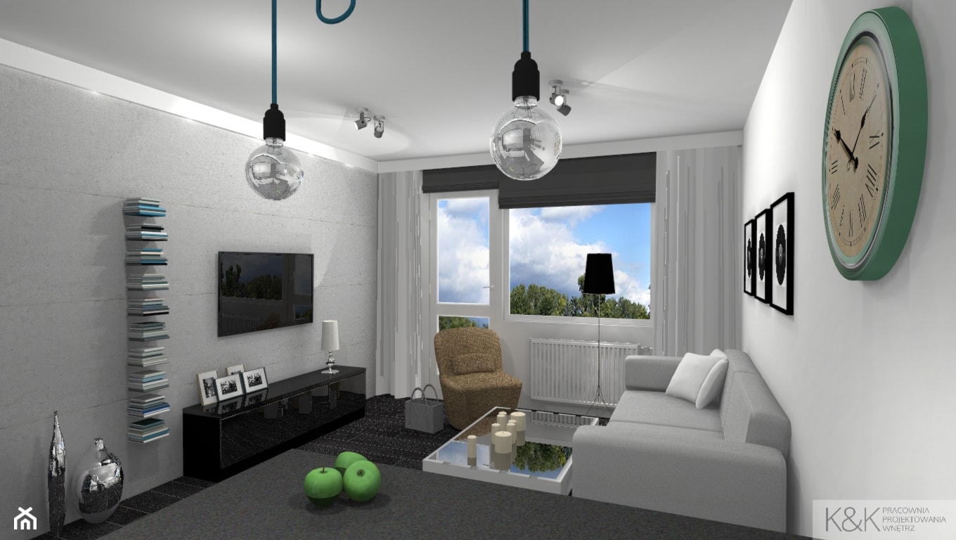 Projekt mieszkania w Zielonej Górze - Mały biały szary salon z bibiloteczką, styl nowoczesny - zdjęcie od K&K Pracownia Projektowania Wnętrz - Homebook